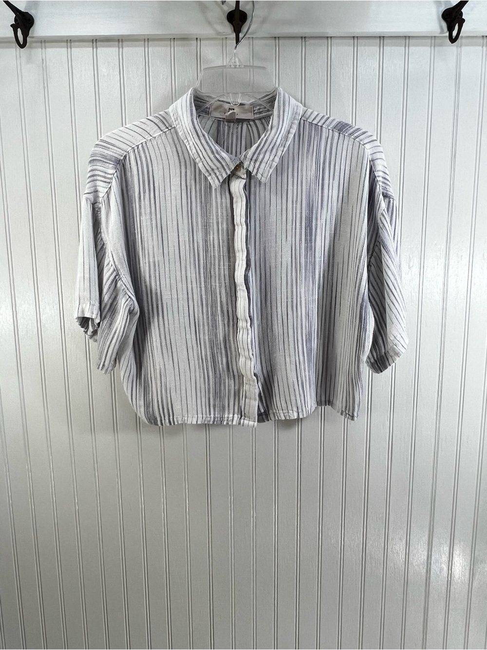 Thread & Supply Cropped Striped Button-Up Shirt Linen Blend Gray & White Size L